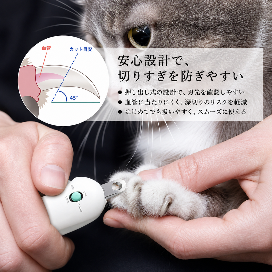 透明カバー越しに猫の爪を切る様子